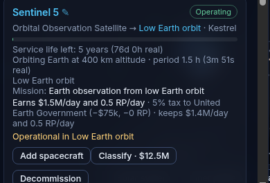 Mission panel for Sentinel 5, an orbital observation satellite in low Earth orbit