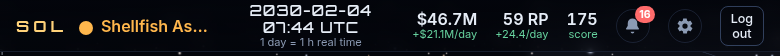Company status strip showing cash, research points and score